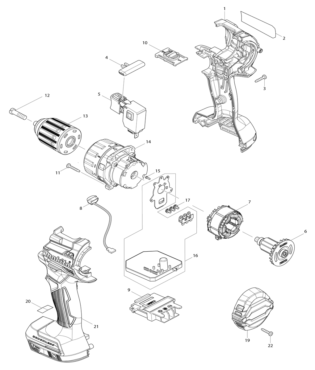 Exploded view drawing of the Drill Driver DDF484 with numbered spare parts